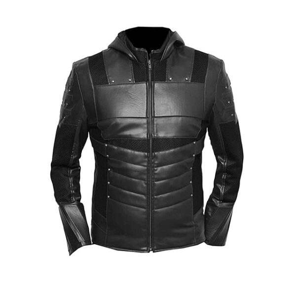 Arrow Oliver Green Black Hooded Leather Jacket