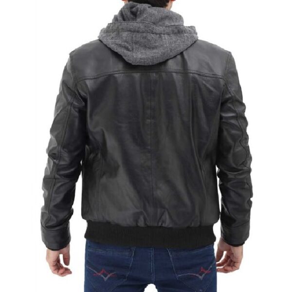 Black Biker Men's Leather Jacket with Hood Back