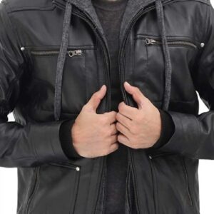 Black Biker Men's Leather Jacket with Hood Front