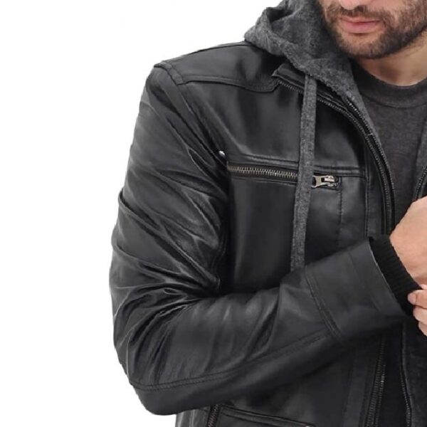 Black Biker Men's Leather Jacket with Hood Sleeves