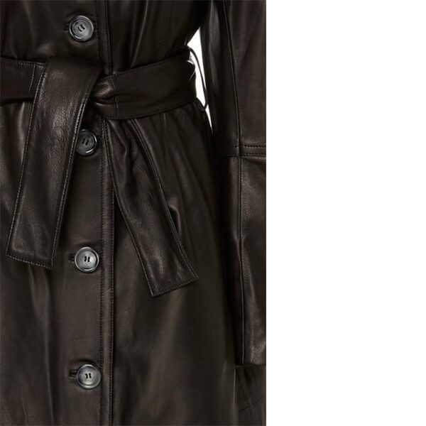 Black Boose Belted Shearling Trimmed Trench Leather Coat Side