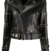 Black Cropped Belted Studded Leather Jacket