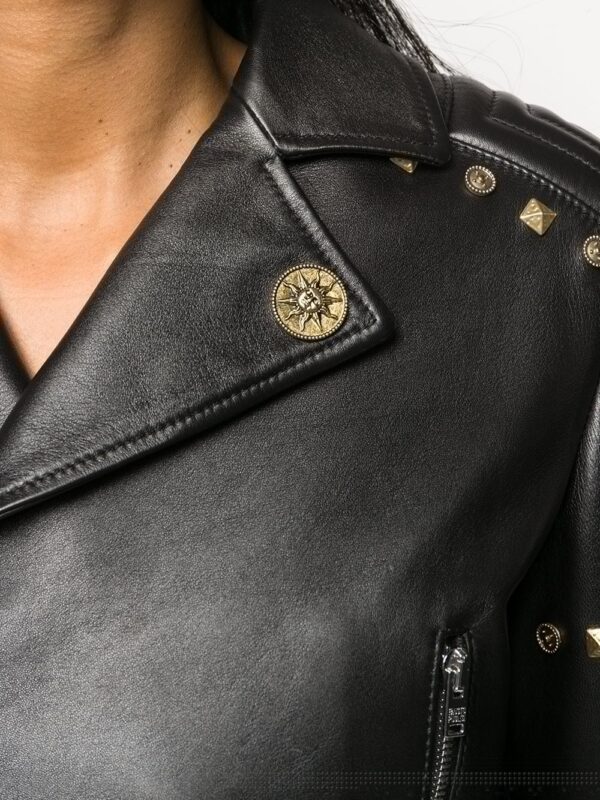 Black Cropped Belted Studded Leather Jacket