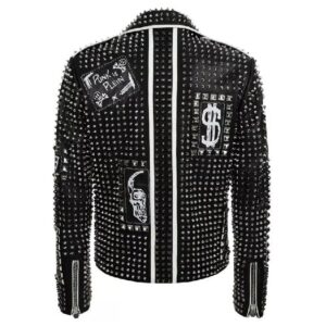 Black Studded Patches Leather Jacket White Contrast Zipper Biker