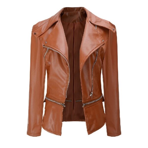 Chic Lapel Zipper Up Slim Fit Women’s Brown Leather Jacket