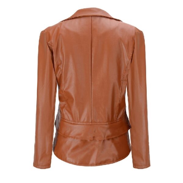Chic Lapel Zipper Up Slim Fit Women’s Brown Leather Jacket Back