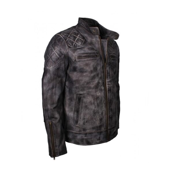 David Beckham Quilted Grey Waxed Motorcycle Leather Jacket Side View