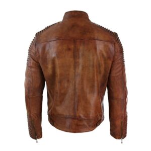 Designer Mens Belted Neck Motorcycle Leather Jacket Back