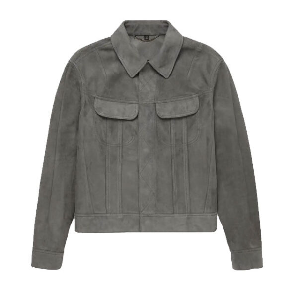 Gray Slim-Fit Suede Trucker Leather Jacket