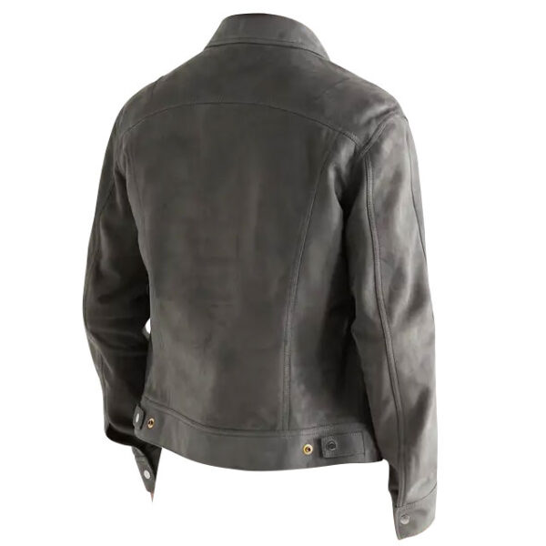 Gray Slim-Fit Suede Trucker Leather Jacket Back View