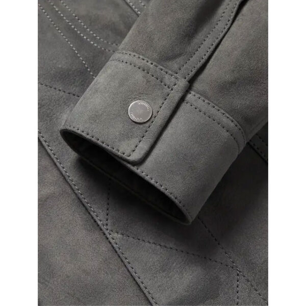Gray Slim-Fit Suede Trucker Leather Jacket Sleeves