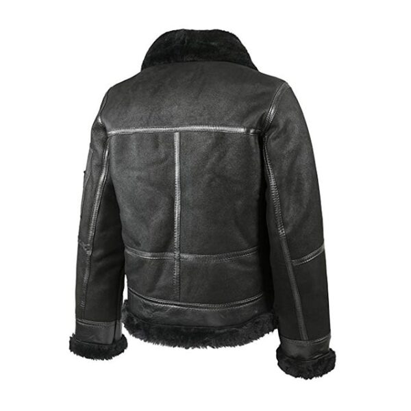 Mens Black Aviator Sheepskin Shearling Leather Jacket Back