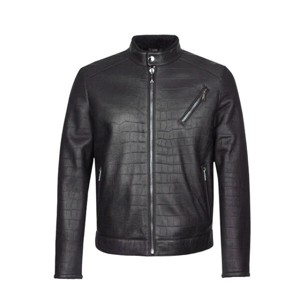 Men's Black Crocodile Print Biker Motorcycle Leather Jacket