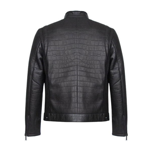 Men's Black Crocodile Print Biker Motorcycle Leather Jacket Back