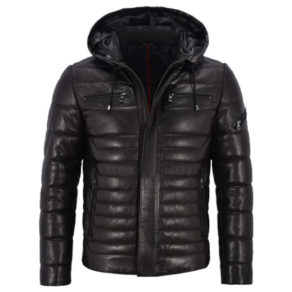 Men's Black Puffer Hooded Fully Quilted Leather Sport Jacket