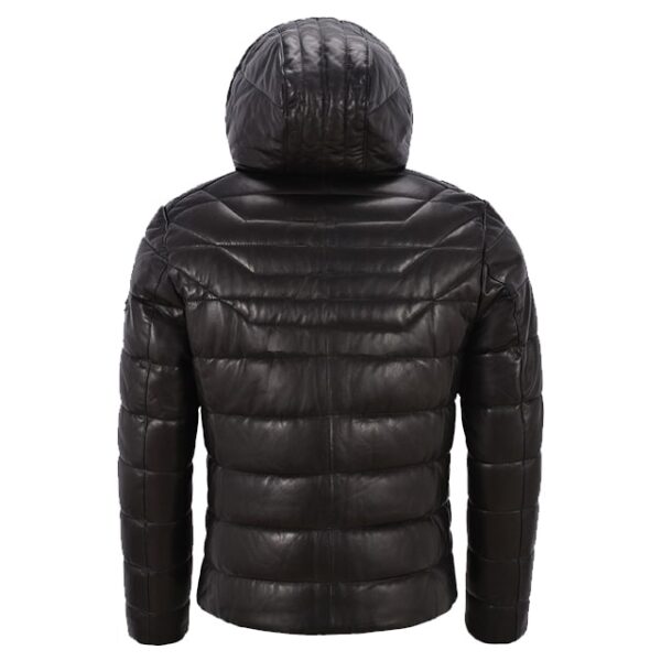 Men's Black Puffer Hooded Fully Quilted Leather Sport Jacket Back