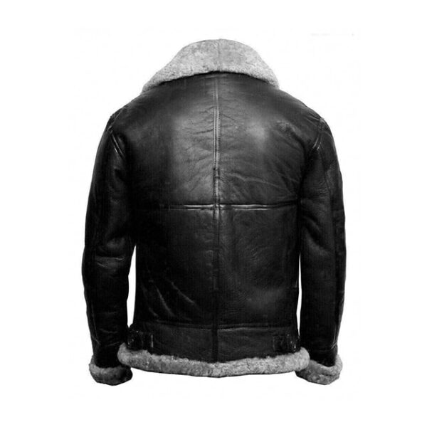 Mens Black Shearling Fur Aviator Sheepskin Leather Jacket Back