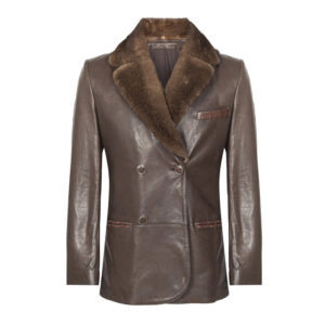 Brown Shearling Trimmed Double Breasted Leather Coat
