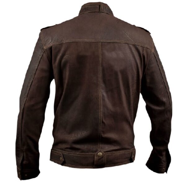 Mens Slim Fit Stone Washed Brown Leather Biker Jacket Back