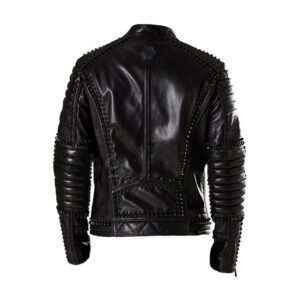 New Mens Black Handmade Metal Spiked Studded Leather Jacket Back