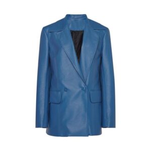 Rich Blue Double Breasted Button Fastening Leather Blazer