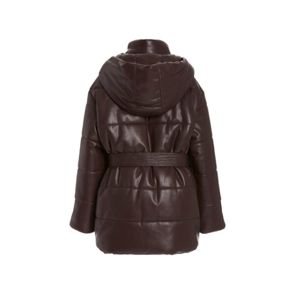 Women Brown Vegan Leather Hooded Puffer Coat Back
