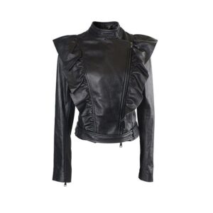 Womens Black Side Flared Leather Jacket