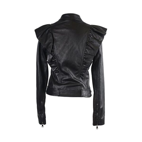 Womens Black Side Flared Leather Jacket Back