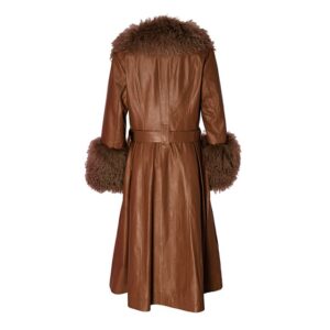 Womens Brown Foxy Shearling Trimmed Leather Trench Coat Back