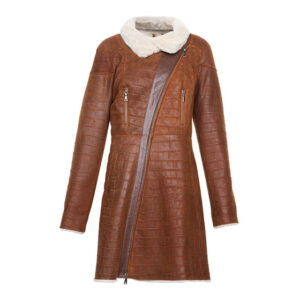 Brown Shearling Trimmed Long Leather Coat
