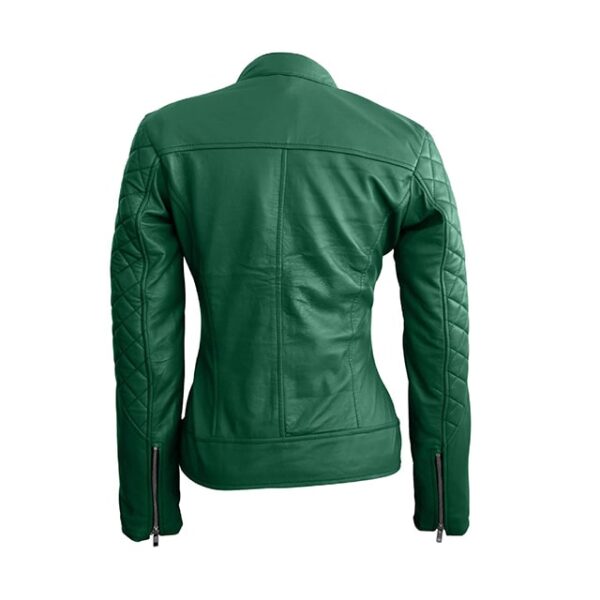 Womens Green Classy Quilted Biker Leather Jacket Back