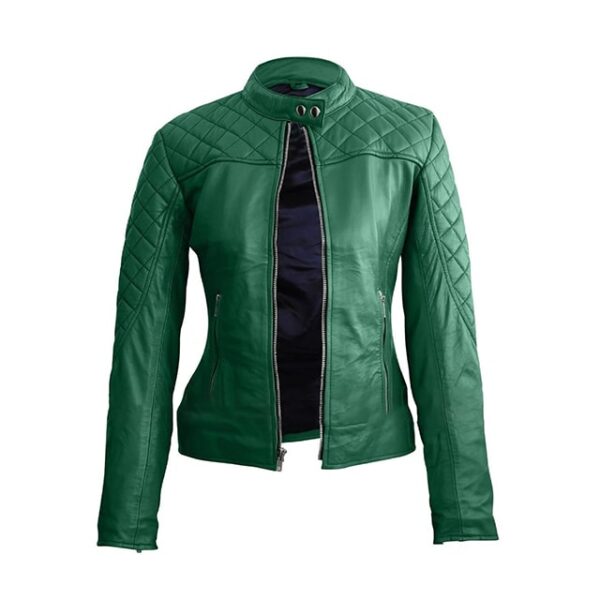 Womens Green Classy Quilted Biker Leather Jacket