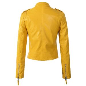 Yellow Slim Side Zipper Plain Women's Jacket Leather Back