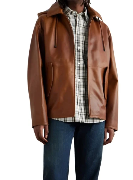 Valentino men's brown hooded leather jacket front