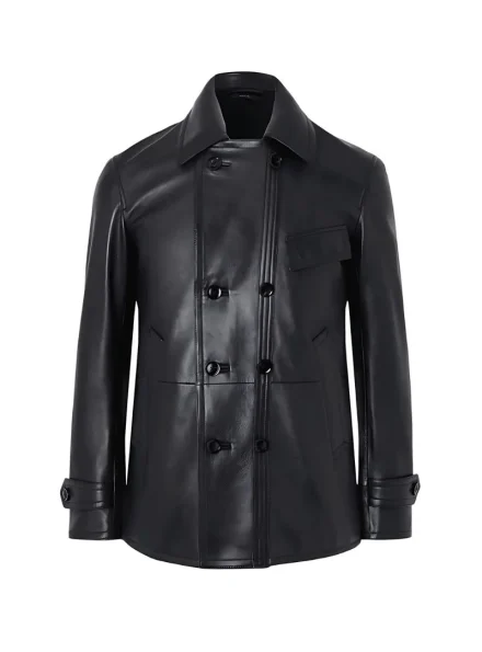 black leather double breasted pea coat