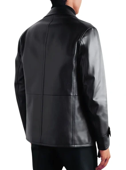 black leather double breasted pea coat back