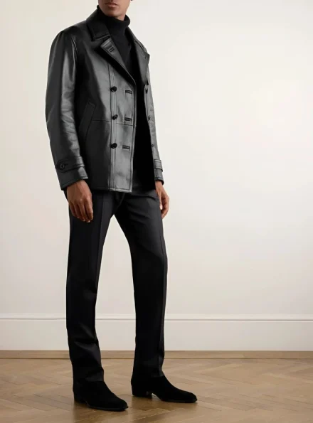 black leather double breasted pea coat front