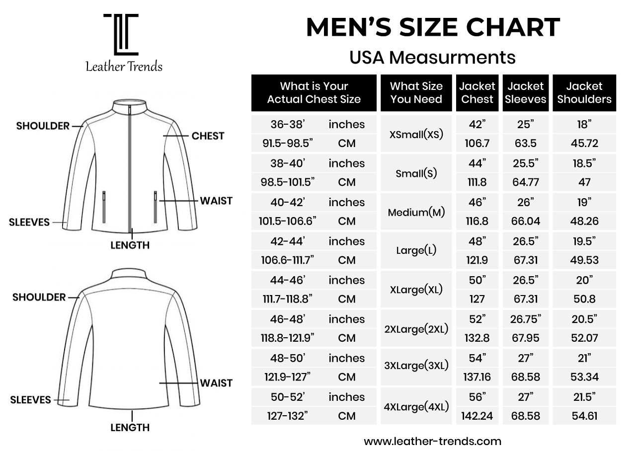 leather trends men's size chart