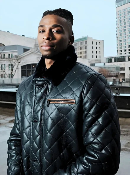 men's black quilted leather coat side