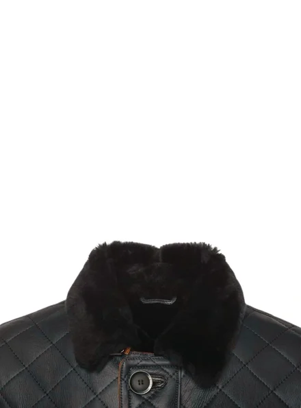 men's mid-length black quilted leather coat collar