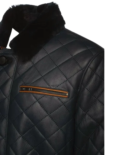 men's mid-length black quilted leather coat side