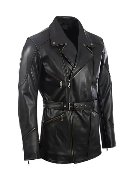 German classic black officer leather coat side view