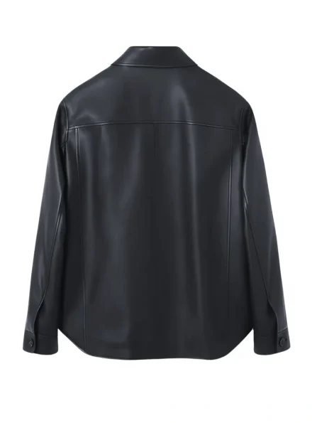 black boxy fit leather overshirt back
