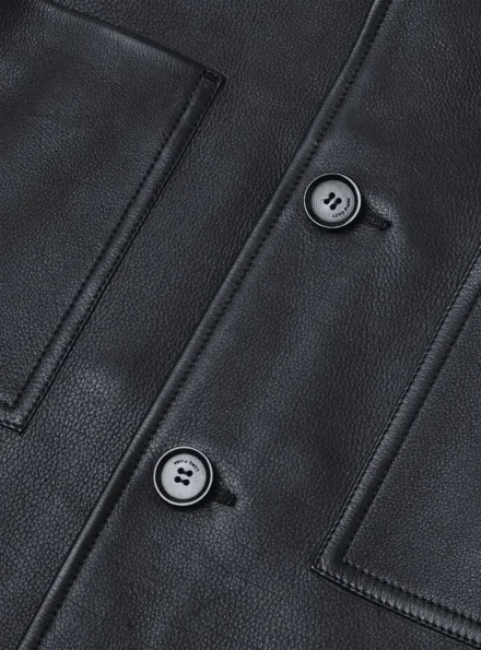 black boxy fit leather overshirt buttoned