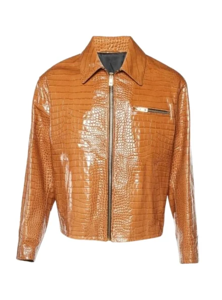 Brown Embossed crocodile effect leather jacket men