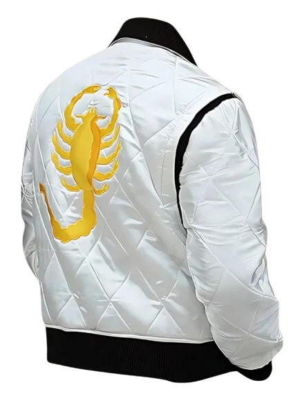 Ryan Gosling Drive scorpion bomber jacket white left side view