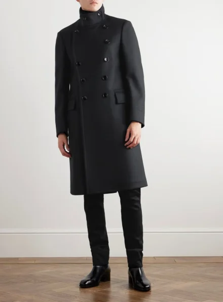 Tom Ford men's double breasted black military wool coat front