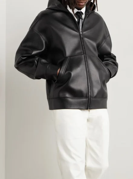 genuine leather black hooded leather jacket men front