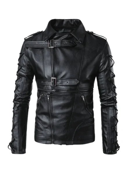 handmade black multi laced Gothic punk leather jacket