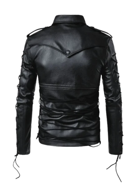 handmade black multi laced Gothic punk leather jacket back